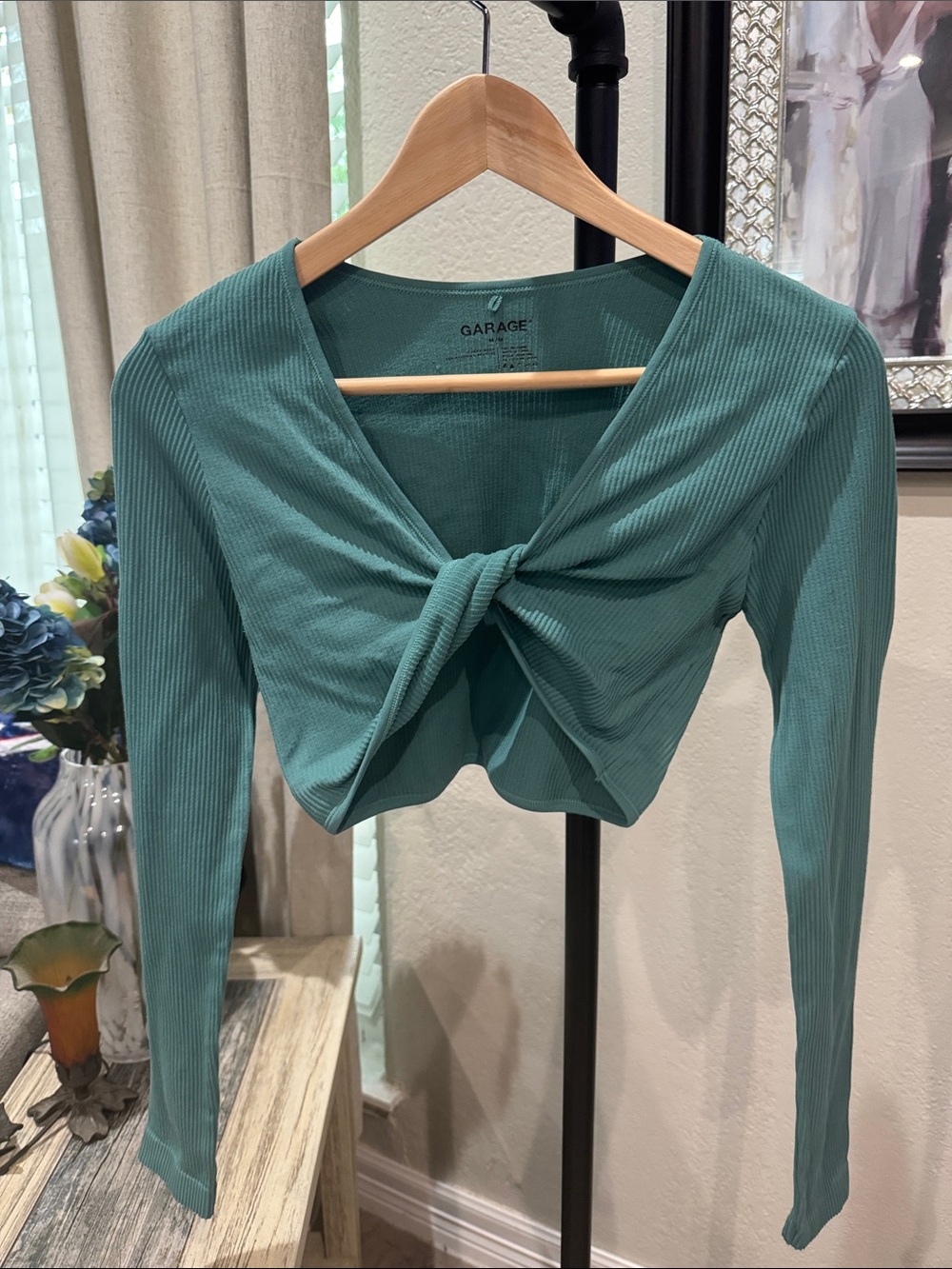 Garage Teal Knot-Front Ribbed Long Sleeve Crop Top